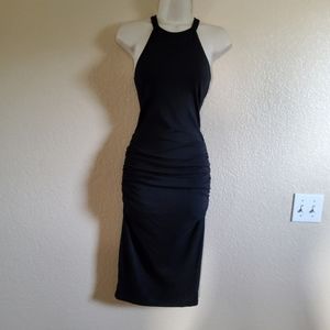 Michael Stars Halter Midi Bodycon Ruched Dress S Black